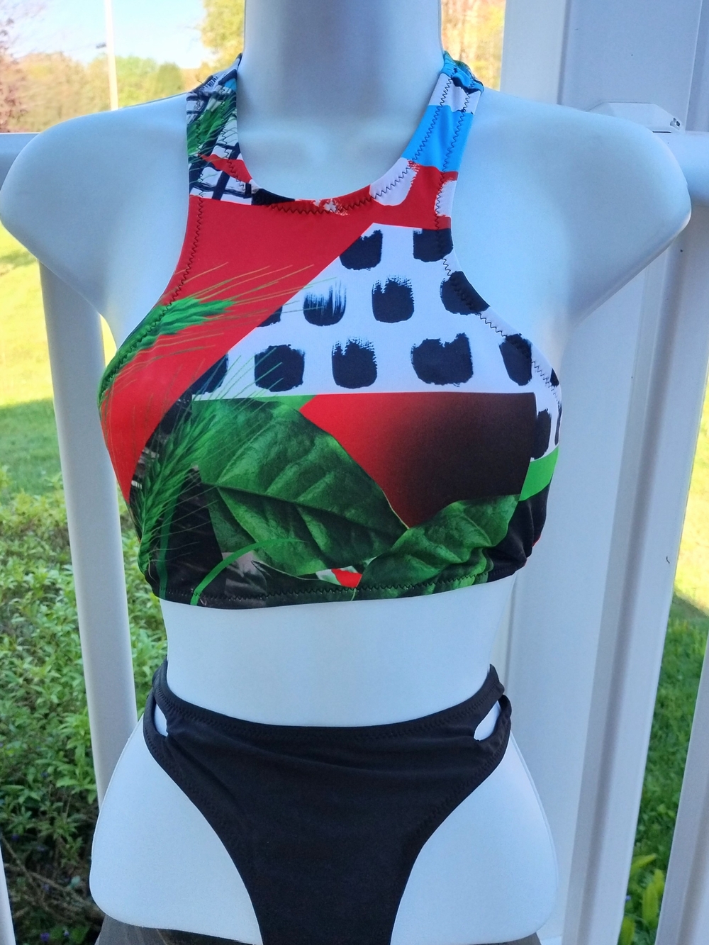 High-Neck Printed Swim Top and Black Bottoms - Multicolor